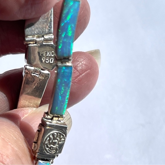 Vintage Blue Opal Mexico 950 Sterling Silver Inlaid Panel Bracelet Old! - Picture 4 of 11